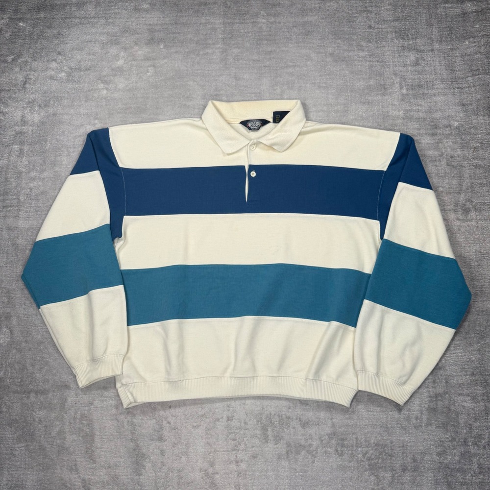 Knightsbridge Sweatshirt Mens Medium Cream Blue Striped Vintage Polo Long Sleeve